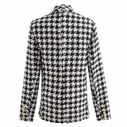 Women's tweed coat in black and white houndstooth, back view with gold cuff buttons Stevvex on Tampa Home & Garden Store