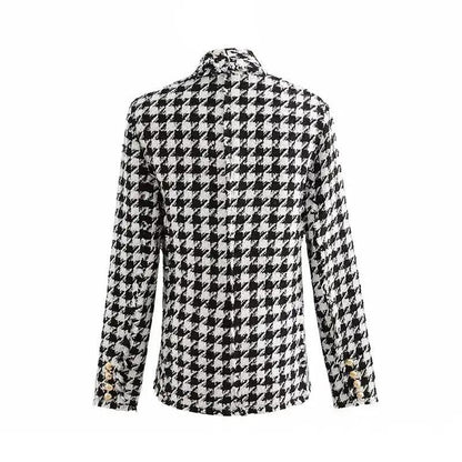 Stevvex women's tweed overcoat in black-and-white houndstooth with gold cuff buttons, back view on Tampa Home & Garden Store