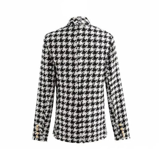 Stevvex women's tweed overcoat in black-and-white houndstooth with gold cuff buttons, back view on Tampa Home & Garden Store