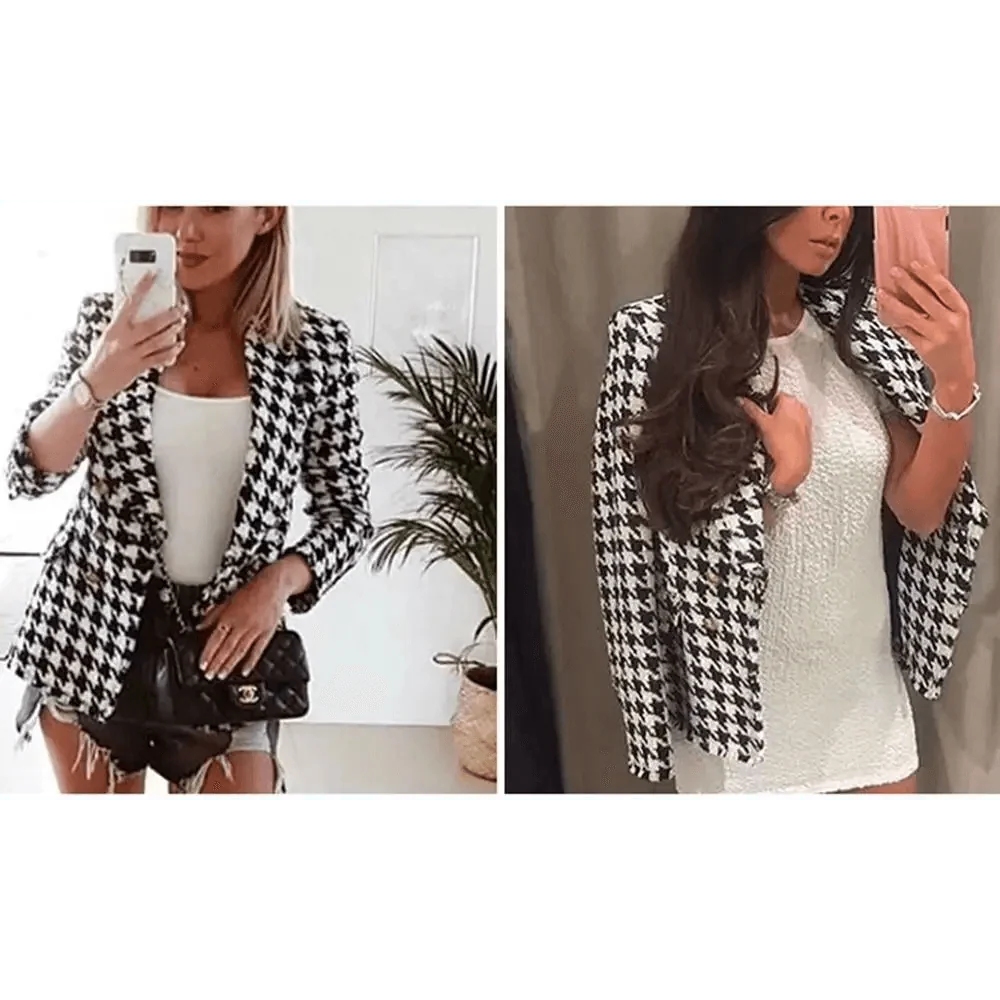 Stevvex Elegance black white houndstooth tweed overcoat, office chic blazer shown in two outfits on Tampa Home & Garden Store