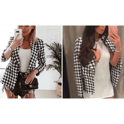 Stevvex Elegance black white houndstooth tweed overcoat, office chic blazer shown in two outfits on Tampa Home & Garden Store