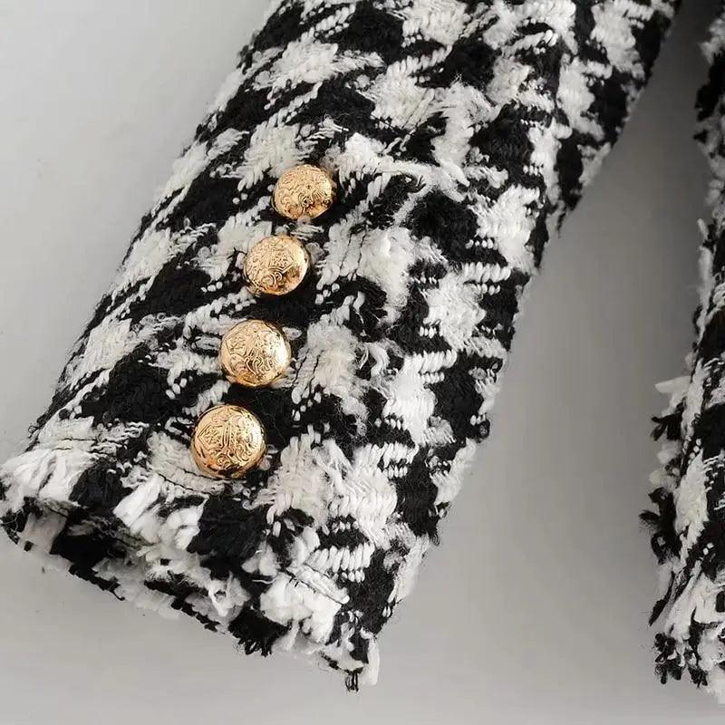 Stevvex tweed jacket sleeve in black white houndstooth with gold embossed buttons on Tampa Home & Garden Store