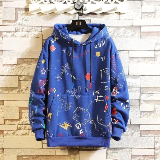 Stevvex blue graffiti-graphic hoodie, pullover fleece with drawstring hood and long sleeves on Tampa Home & Garden Store