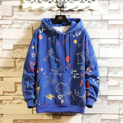 Stevvex blue graffiti-graphic hoodie, pullover fleece with drawstring hood and long sleeves on Tampa Home & Garden Store