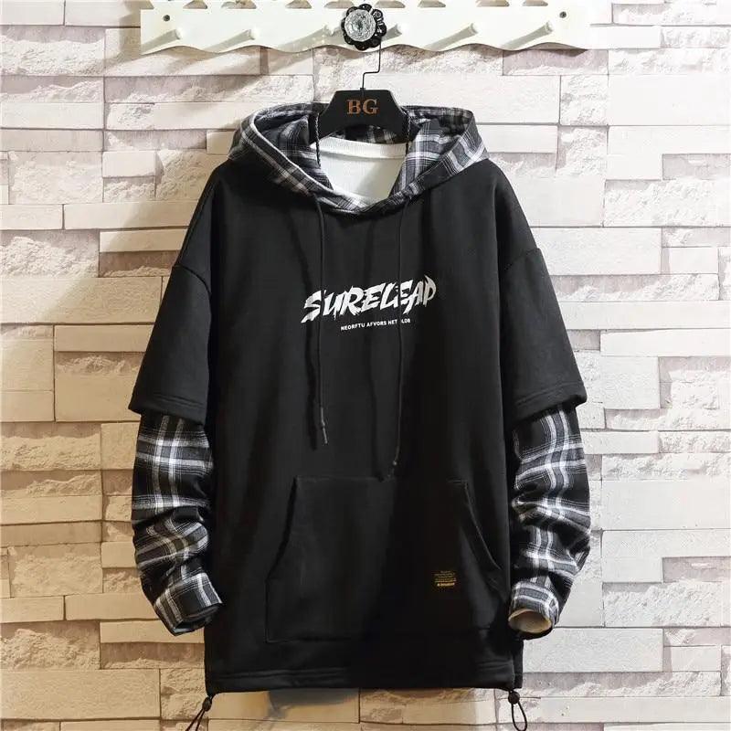 Hoodie by Stevvex black fleece with plaid-lined hood and plaid underlayer sleeves, front pocket on Tampa Home & Garden Store