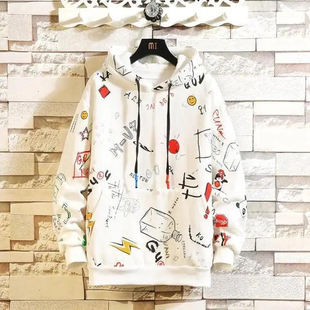 Hoodie Stevvex white graphic pullover with colorful doodle prints and black drawstrings fleece on Tampa Home & Garden Store