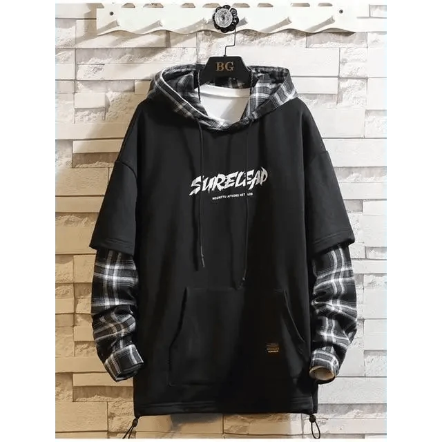 Stevvex black pullover hoodie with plaid contrast sleeves fleece design on Tampa Home & Garden Store