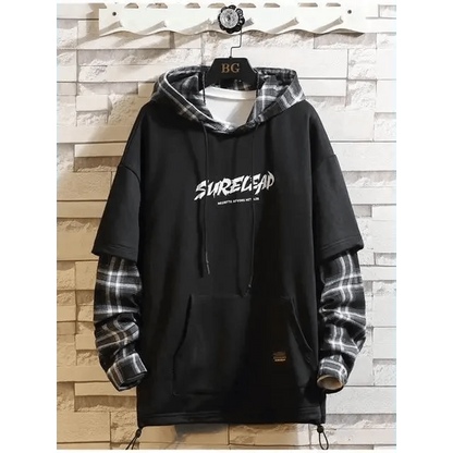 Stevvex black pullover hoodie with plaid contrast sleeves fleece design on Tampa Home & Garden Store