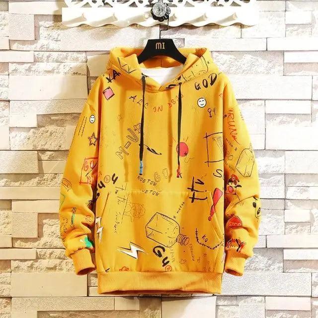 Stevvex men's yellow graffiti-print fleece hoodie with drawstring hood and long sleeves on Tampa Home & Garden Store