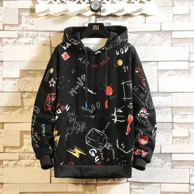Hoodie Stevvex black fleece with graffiti print, contrast color design, long sleeve on Tampa Home & Garden Store