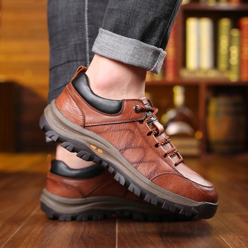 Stevvex brown leather mens boots pair with rugged platform sole and padded ankle on Tampa Home & Garden Store