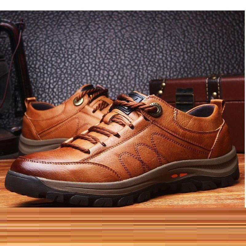 Stevvex brown leather men's hiking boot with lace-up design and rugged outsole on Tampa Home & Garden Store