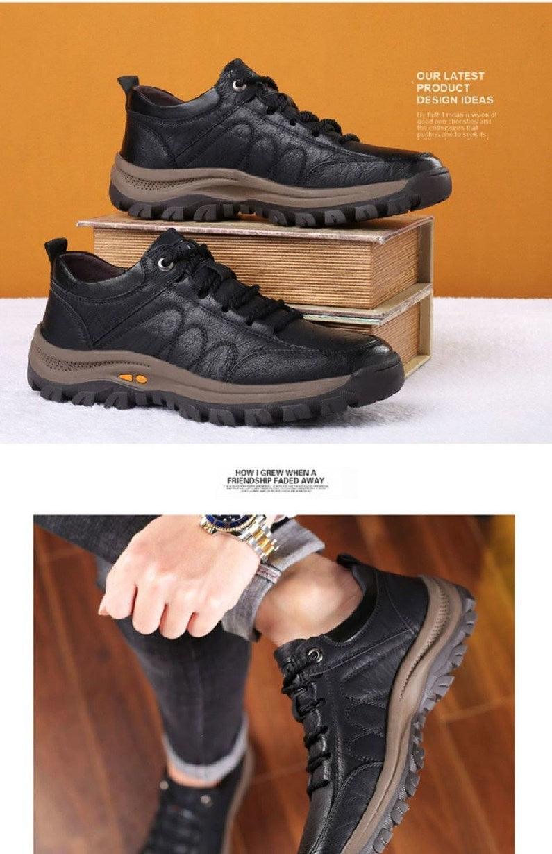 Stevvex black leather men's boots with tan platform sole, lace-up pair on orange backdrop on Tampa Home & Garden Store