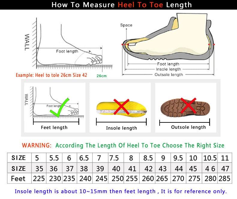 Stevvex black winter waterproof snow boots size guide with heel-to-toe measurement diagram on Tampa Home & Garden Store