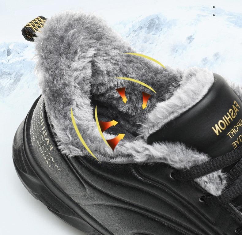 Stevvex men's black winter boots with plush grey fur lining, waterproof non-slip rubber sole on Tampa Home & Garden Store