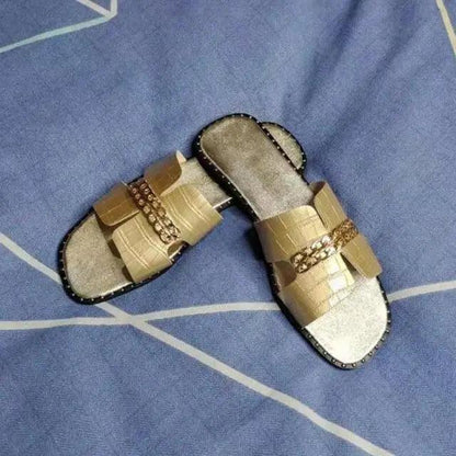 Stevvex women chain flip flops pair with beige gold straps and chain detail, cushioned footbed on Tampa Home & Garden Store