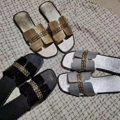Stevvex Elegant Women Chain Flip Flops with metallic chain strap in black beige gray 3 pairs on Tampa Home & Garden Store