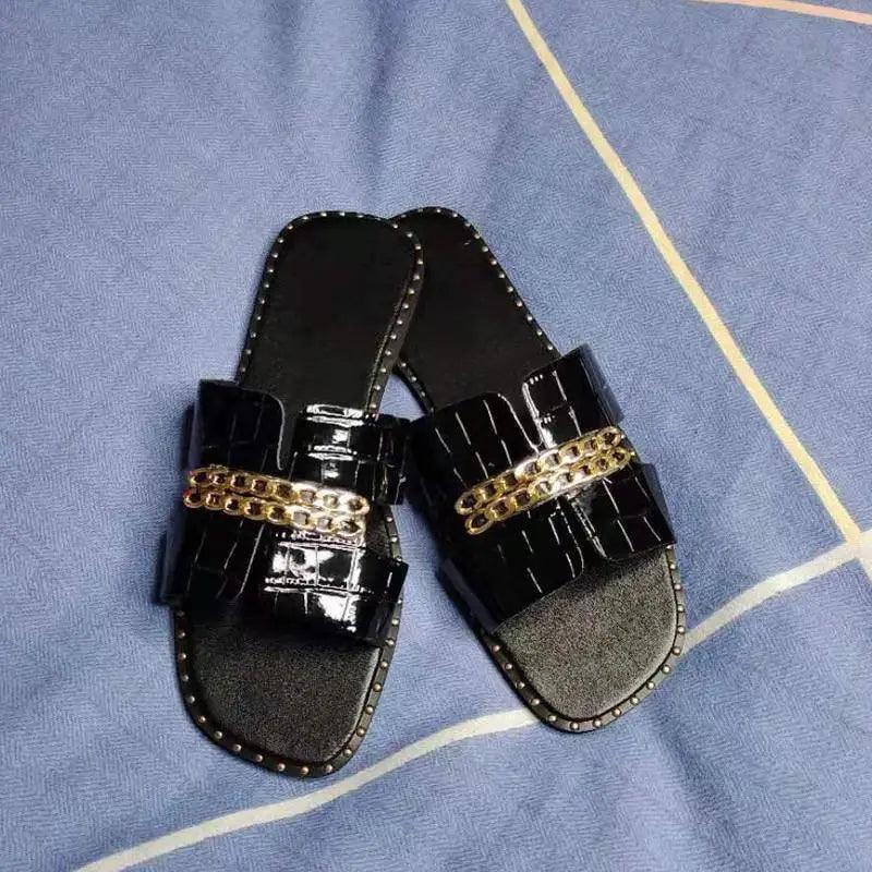 Stevvex black patent chain-strap sandals with gold chain band, women's flat outdoor slides on Tampa Home & Garden Store