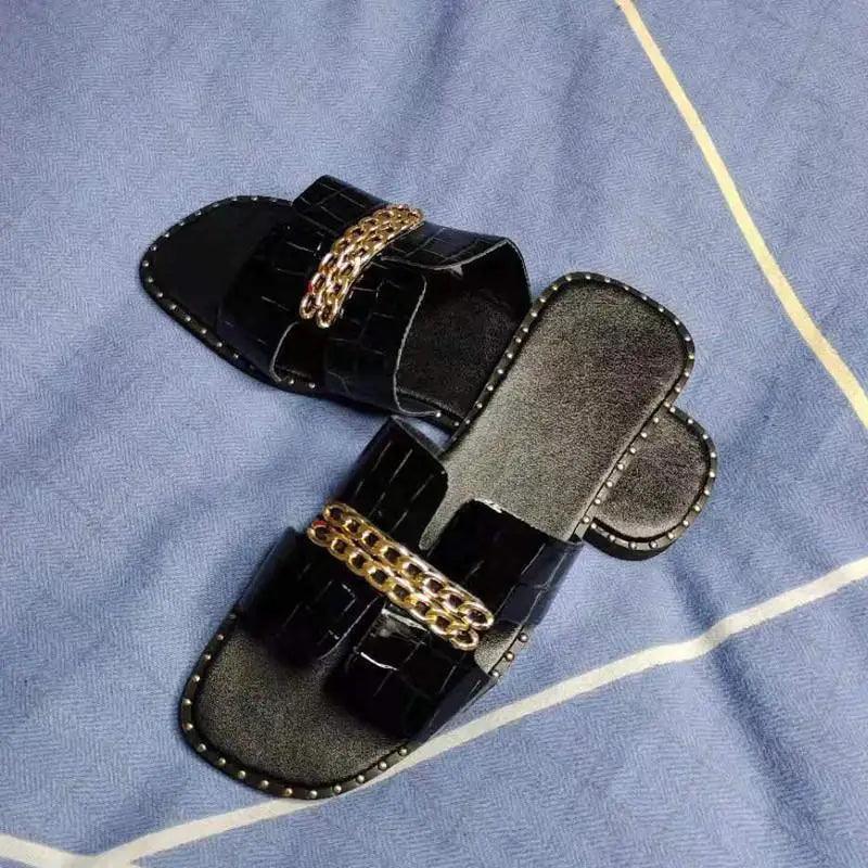 Stevvex black chain sandals with gold chain strap, women's casual slide sandals on Tampa Home & Garden Store