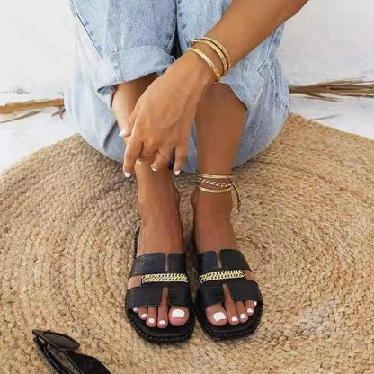 Elegant black chain flip flops for women by Stevvex with gold chain detail luxury design on Tampa Home & Garden Store