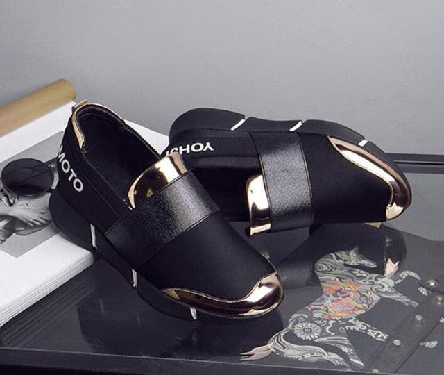Stevvex black slip-on sneakers with gold metallic toe caps, casual walking shoes on Tampa Home & Garden Store