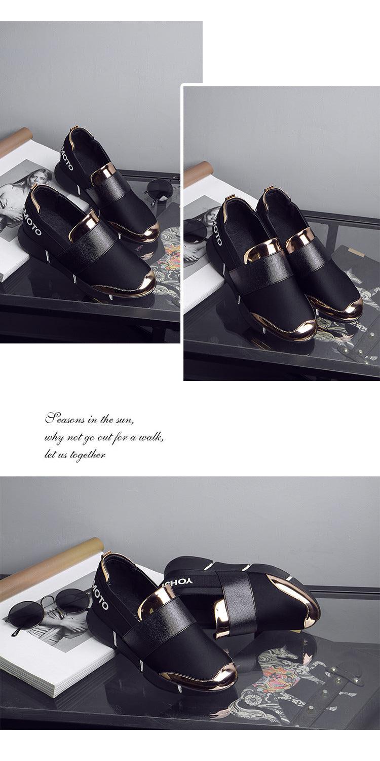Stevvex black slip-on sneakers with gold toe caps and heel accents, lightweight casual shoes on Tampa Home & Garden Store