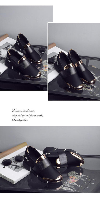 Stevvex black slip-on sneakers with gold toe caps and heel accents, lightweight casual shoes on Tampa Home & Garden Store