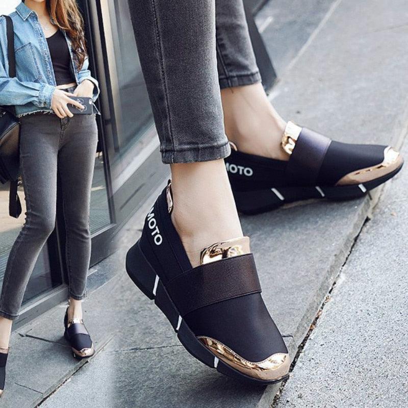 Stevvex black slip-on sneakers with gold-tone toe cap and thick sole for women on Tampa Home & Garden Store
