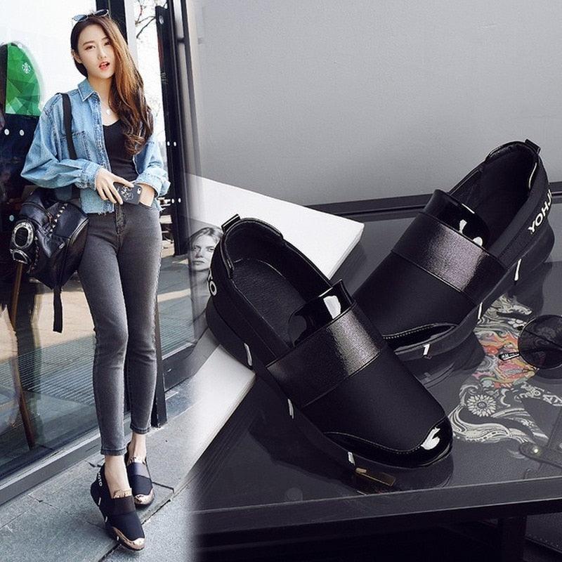Stevvex black women slip-on sneakers pair with thick sole, lightweight casual walking shoes on Tampa Home & Garden Store