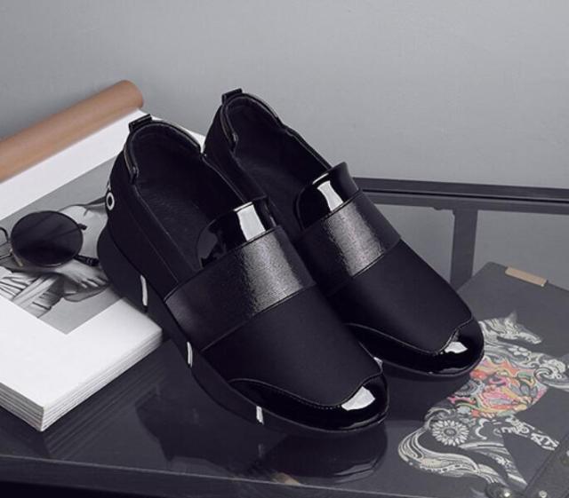 Stevvex black slip-on sneakers for women, pair with glossy strap and lightweight sole on Tampa Home & Garden Store