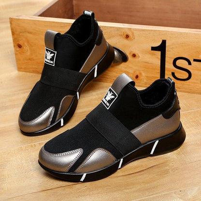Stevvex black and metallic sneakers with elastic strap, slip-on walking shoes, 2 sneakers on Tampa Home & Garden Store