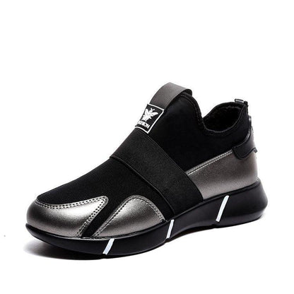 Stevvex black women’s sneakers with metallic toe caps, elastic strap, breathable mesh, sole on Tampa Home & Garden Store