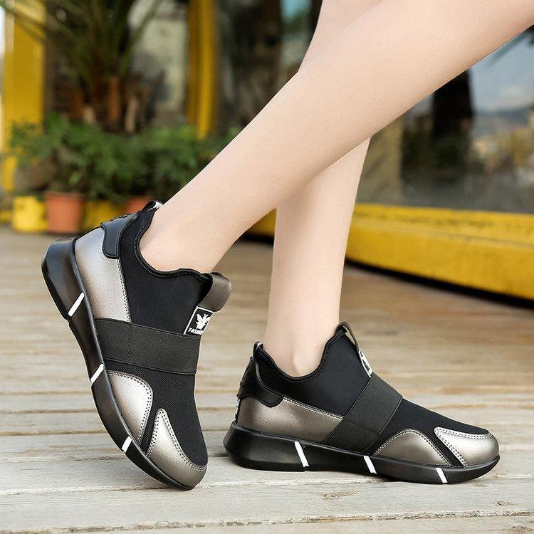 Stevvex black women sneakers pair with metallic panels and strap, breathable mesh on Tampa Home & Garden Store