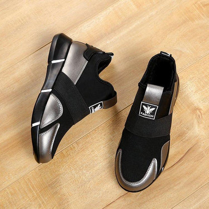 Stevvex black women's sneakers pair with metallic silver accents and elastic straps on Tampa Home & Garden Store