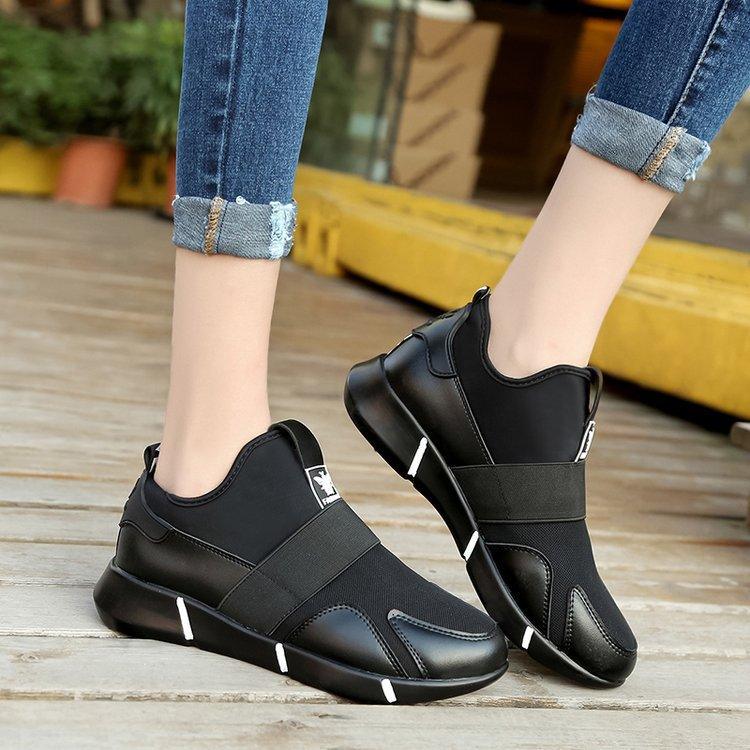 Stevvex black women's sneakers with elastic midfoot strap slip-on casual walking shoes on Tampa Home & Garden Store