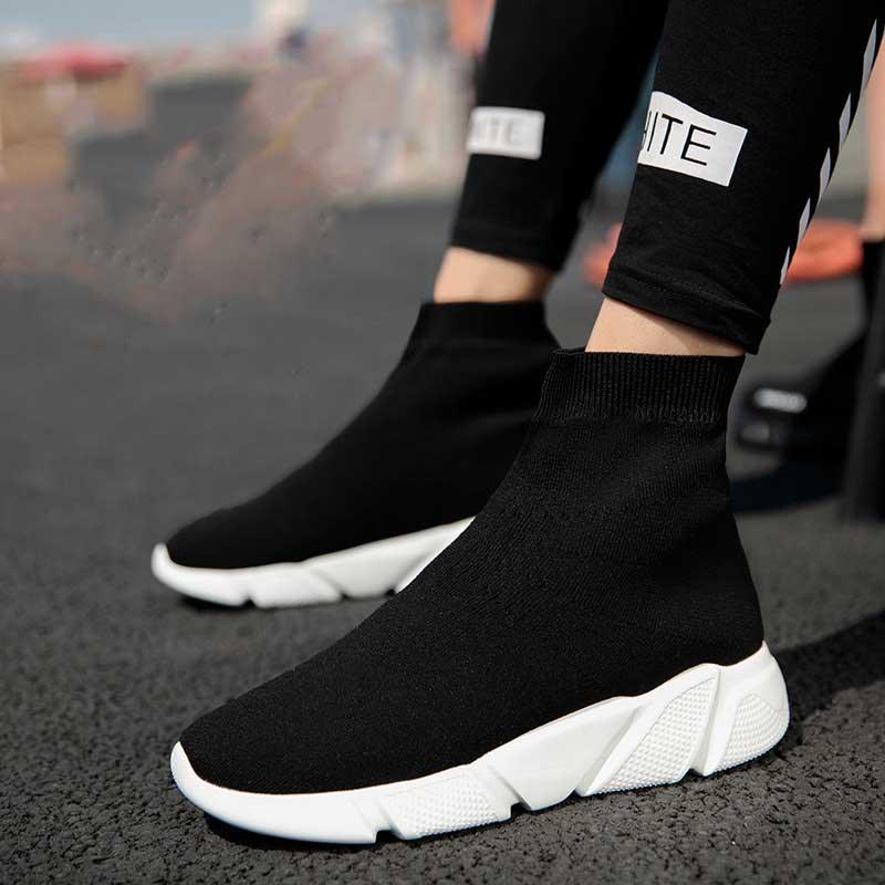 Stevvex sock-knit black sneakers with slip-on knit upper and white sole on Tampa Home & Garden Store