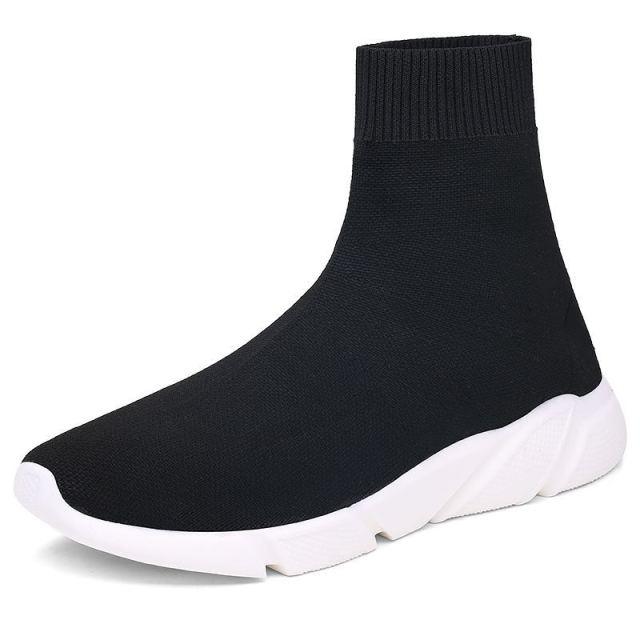 Stevvex women's black sock sneakers with knit upper and white chunky sole on Tampa Home & Garden Store