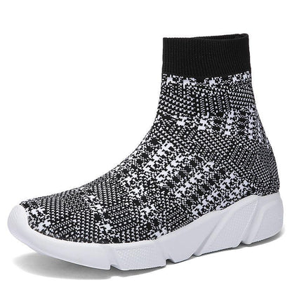 Stevvex women's knit sock sneakers black/white with stretchy cuff and chunky white sole on Tampa Home & Garden Store