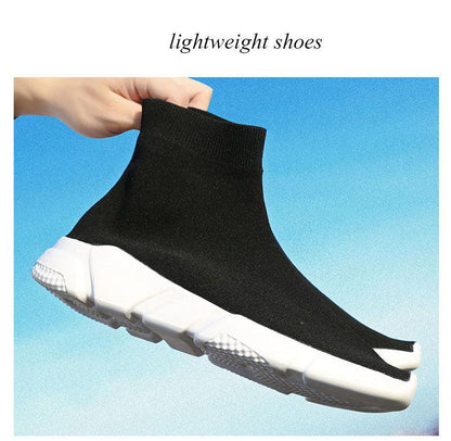 Stevvex black sock sneakers slip-on, lightweight breathable knit, white chunky sole on Tampa Home & Garden Store
