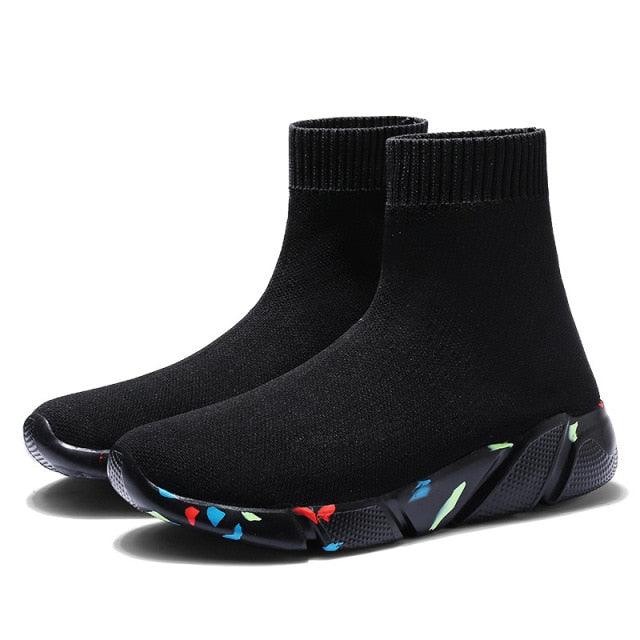 Stevvex black sock-style knit sneakers with speckled outsole, slip-on breathable shoes on Tampa Home & Garden Store