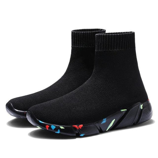 Stevvex black sock-style knit sneakers with speckled outsole, slip-on breathable shoes on Tampa Home & Garden Store