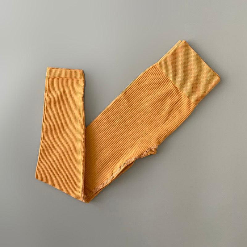 Yoga leggings Stevvex ST75LGOLK870 mustard-yellow ribbed high-waisted for workouts on Tampa Home & Garden Store