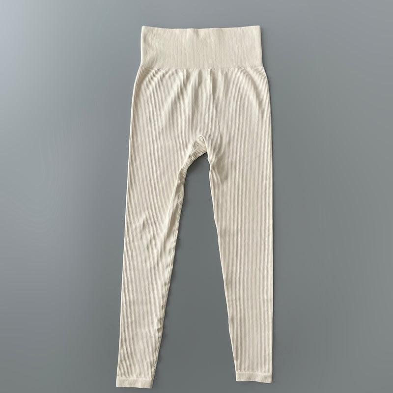 Leggings beige ribbed high-waisted yoga pants suitable for gym workouts on Tampa Home & Garden Store