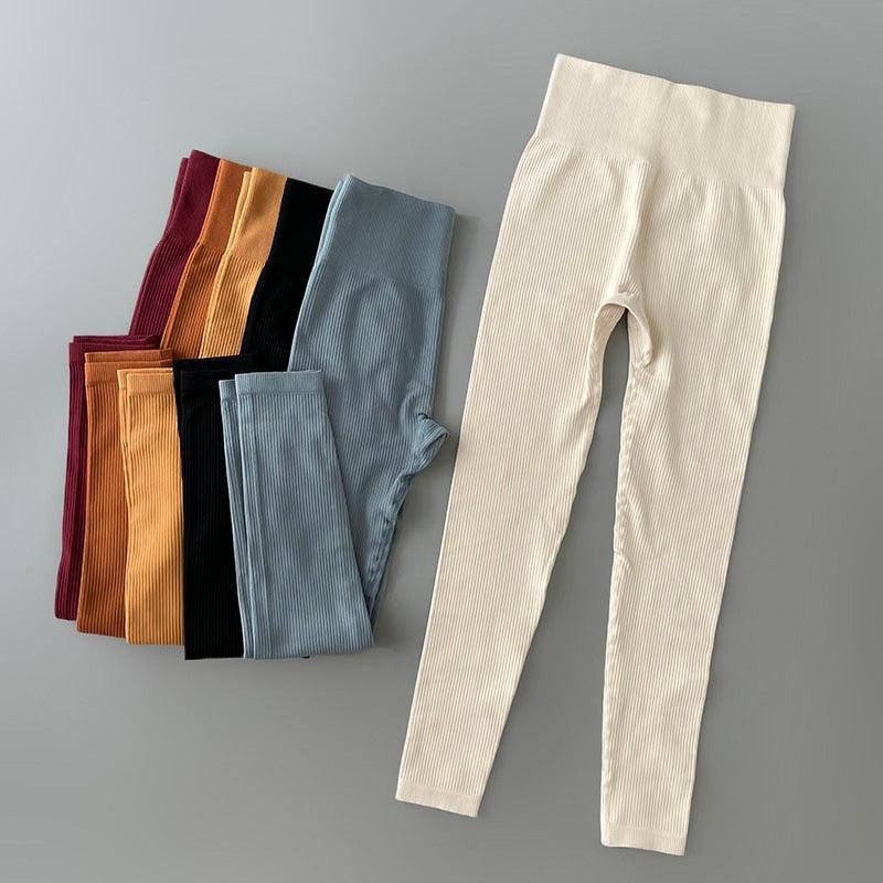 Stevvex high waisted ribbed yoga leggings beige with assorted color options on Tampa Home & Garden Store