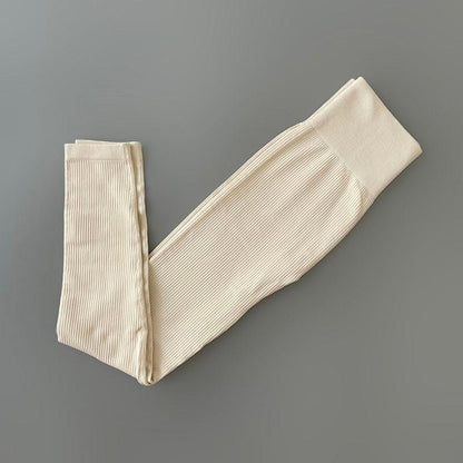 Stevvex beige ribbed high-waisted leggings full-length workout pants ultra soft fabric on Tampa Home & Garden Store