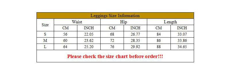 Leggings size chart for Stevvex yoga pants showing waist, hip and length measurements on Tampa Home & Garden Store