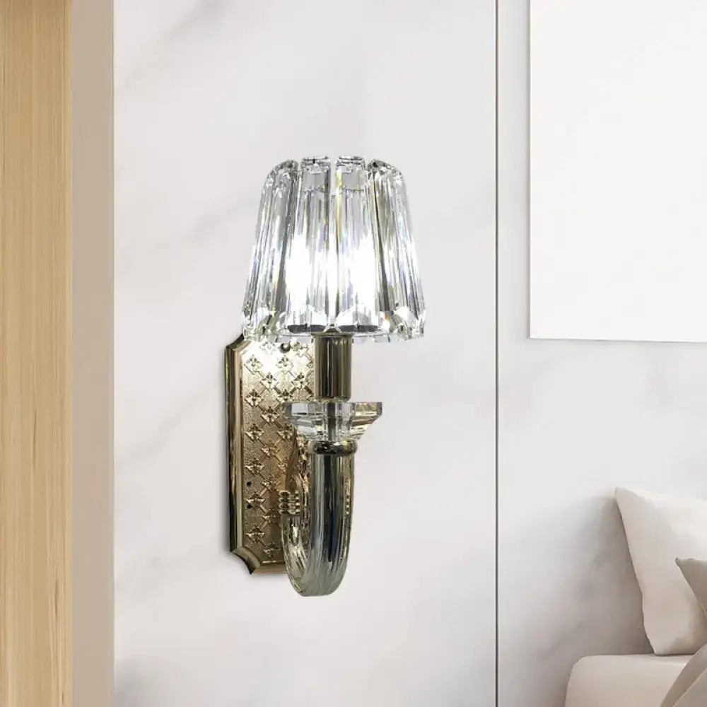 Brass crystal cone sconce with clear crystal shade and textured backplate by Decorbites on Tampa Home & Garden Store