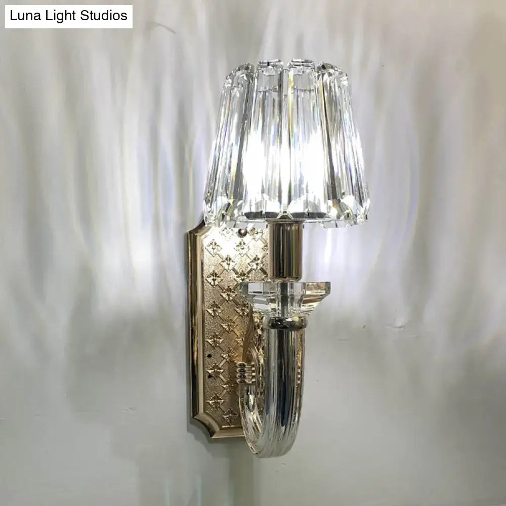 Brass crystal cone sconce with a clear crystal shade and ornate backplate by Decorbites on Tampa Home & Garden Store
