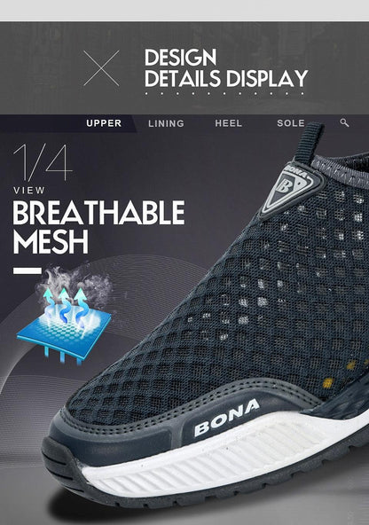 Men's breathable mesh sneakers by BONA in dark navy slip-on with white sole on Tampa Home & Garden Store