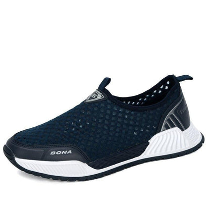 Stevvex men's navy breathable mesh sneakers slip-on with BONA logo and white non-slip sole on Tampa Home & Garden Store